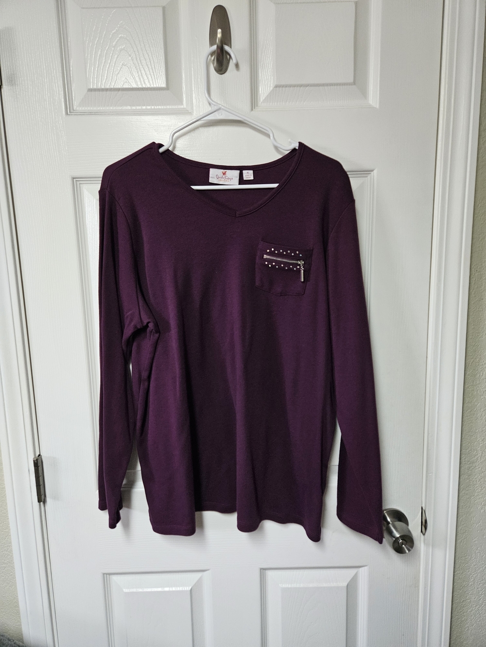 Womem's Long Sleeve Pocket Top with Stud Detail - Plum